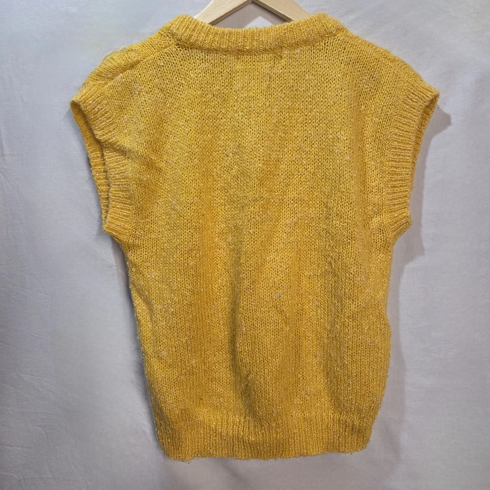 Retro Layering Cable Knit Bright Yellow Sparkle Sweater Vest V Neck Sz Lg - Picture 2 of 4